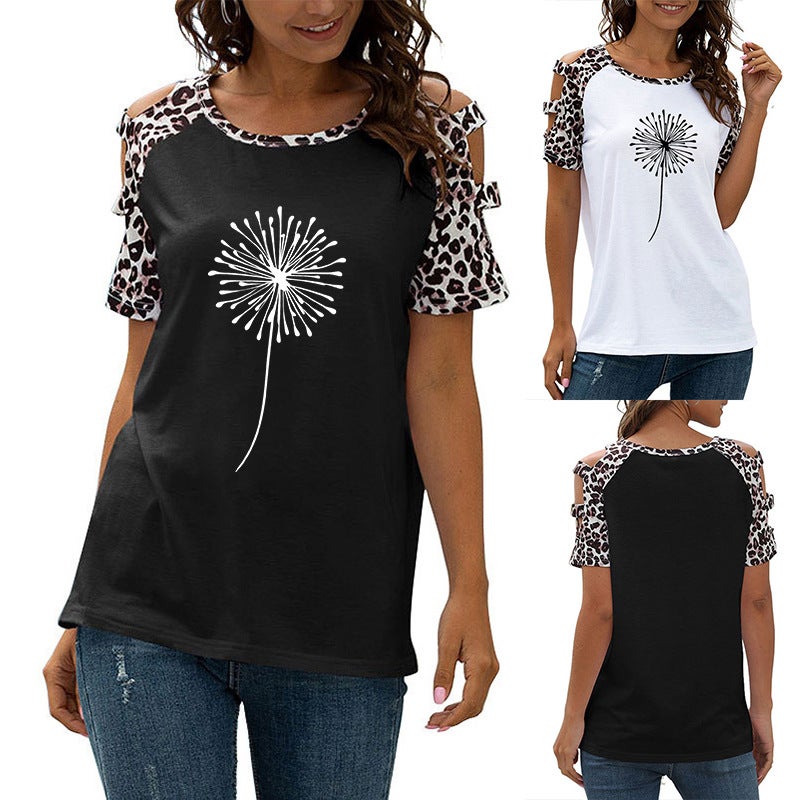 Women'S Round Neck Dandelion Print Stitching Leopard Print Casual Hollow Short Sleeve T-Shirt - Image 2