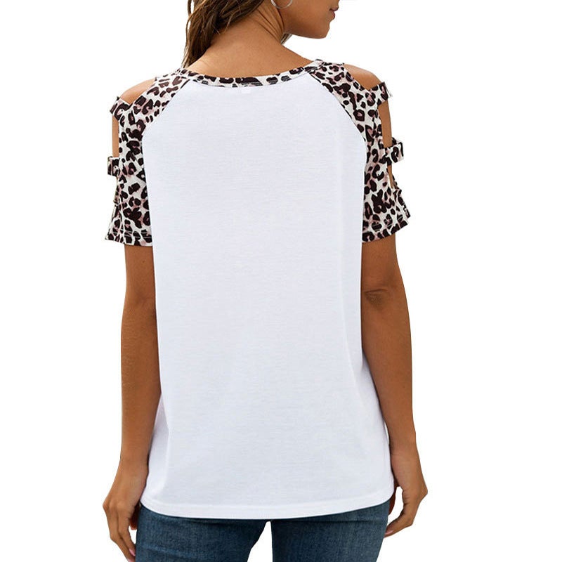Women'S Round Neck Dandelion Print Stitching Leopard Print Casual Hollow Short Sleeve T-Shirt - Image 5