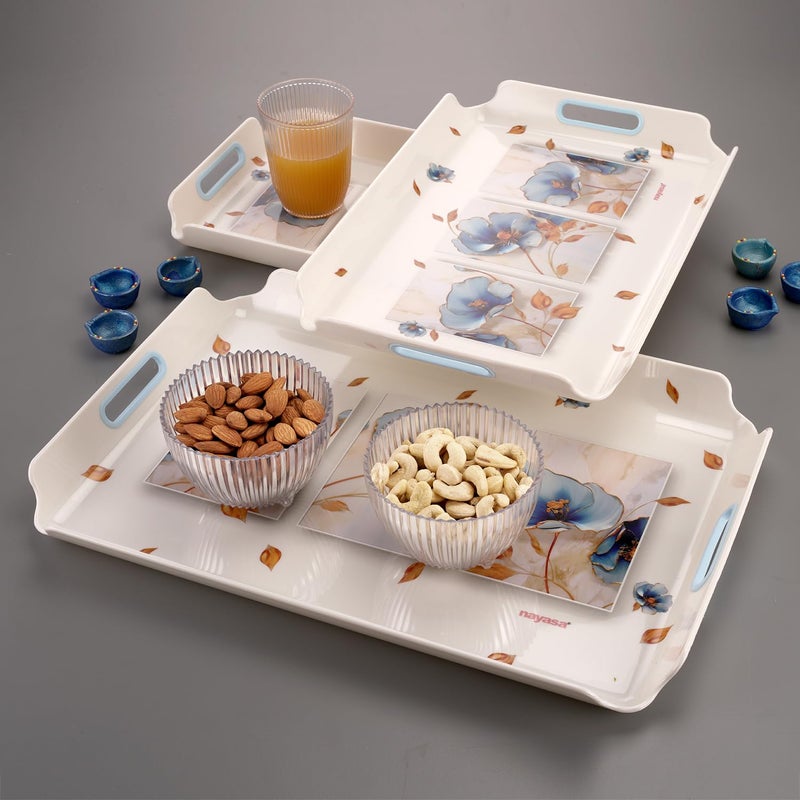 Nayasa Modern Plastic Rectangular Serving Tray Set of 3, Small, Medium & Large | Stylish Multipurpose Kitchen Tray for Tea, Coffee, Snacks, Fruits & Desserts | Blue - Image 4