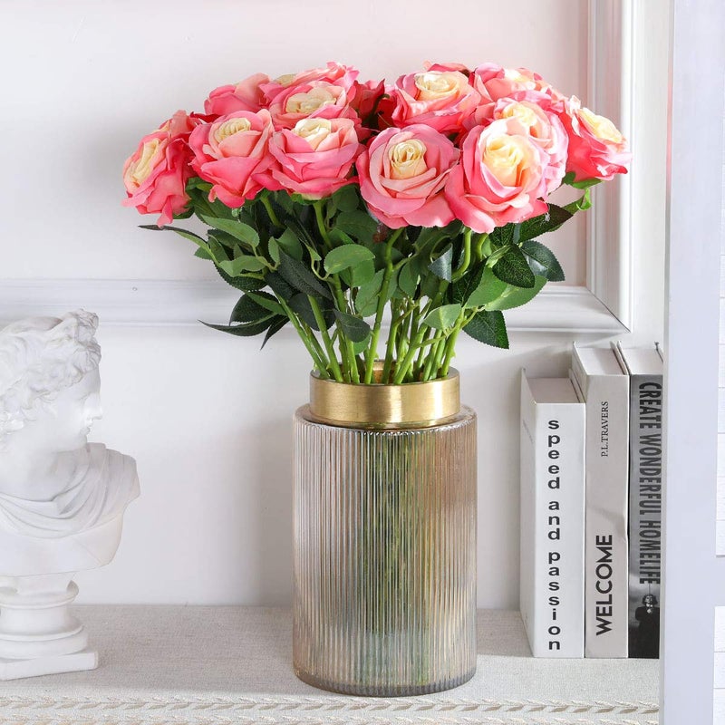 Tifuly Pink Roses Artificial Flowers -12 pcs Realistic Single Long Stem Fake Silk Roses Bouquet for Party Home Wedding Centerpiece Office DIY Decor - Image 3