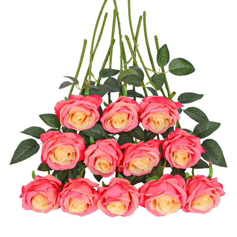 Tifuly Pink Roses Artificial Flowers -12 pcs Realistic Single Long Stem Fake Silk Roses Bouquet for Party Home Wedding Centerpiece Office DIY Decor - Image 1