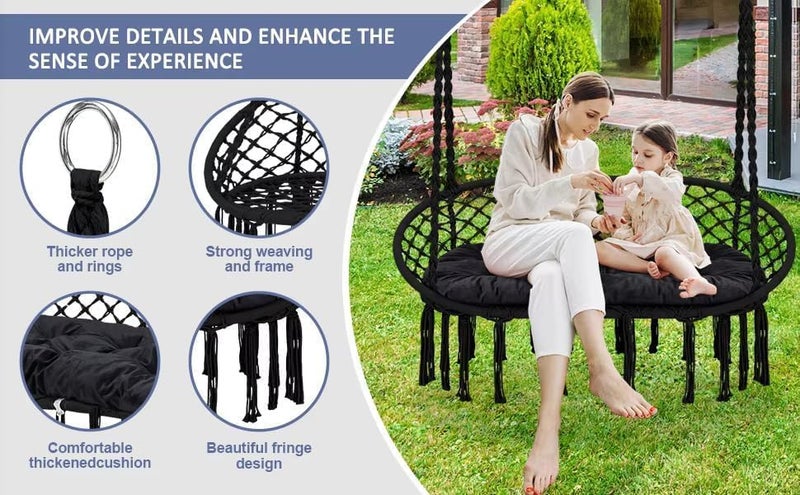 Harmony Home 2-Seater Hanging Hammock Swing Chair – Boho Macrame Design, 700 lbs Capacity, Comfortable Indoor/Outdoor Relaxation (135x130 cm) - Image 4