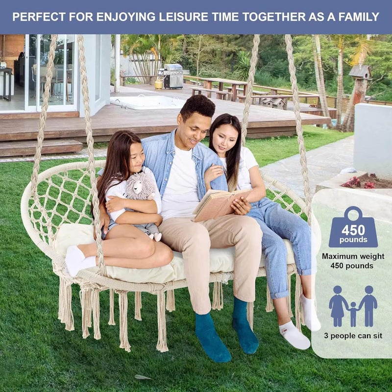 Harmony Home 2-Seater Hanging Hammock Swing Chair – Boho Macrame Design, 700 lbs Capacity, Comfortable Indoor/Outdoor Relaxation (135x130 cm) - Image 5