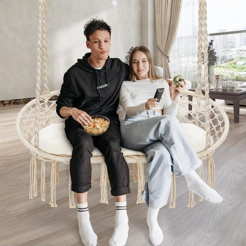 Harmony Home 2-Seater Hanging Hammock Swing Chair – Boho Macrame Design, 700 lbs Capacity, Comfortable Indoor/Outdoor Relaxation (135x130 cm) - Image 2