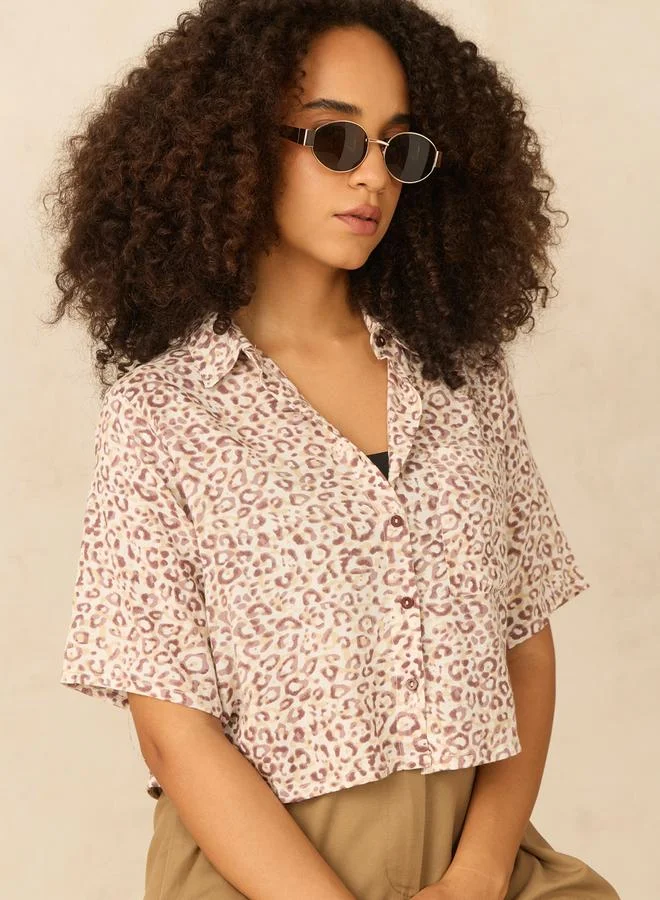 Outzidr  Brown All Over Print Crop Shirt for Women | Best Price UAE