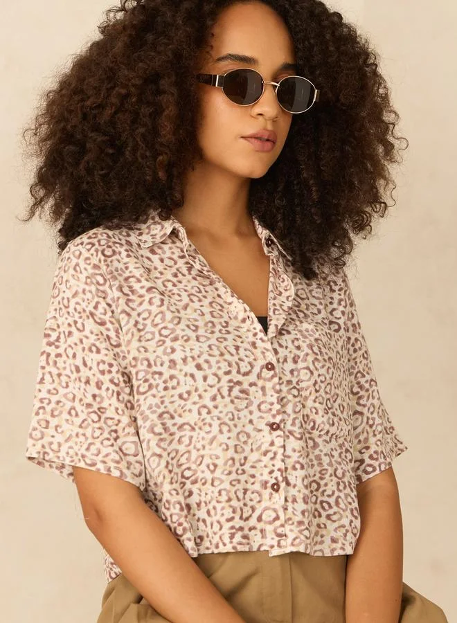 Outzidr  Brown All Over Print Crop Shirt for Women | Best Price UAE