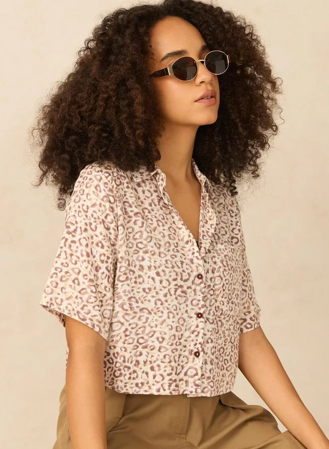Outzidr  Brown All Over Print Crop Shirt for Women | Best Price UAE