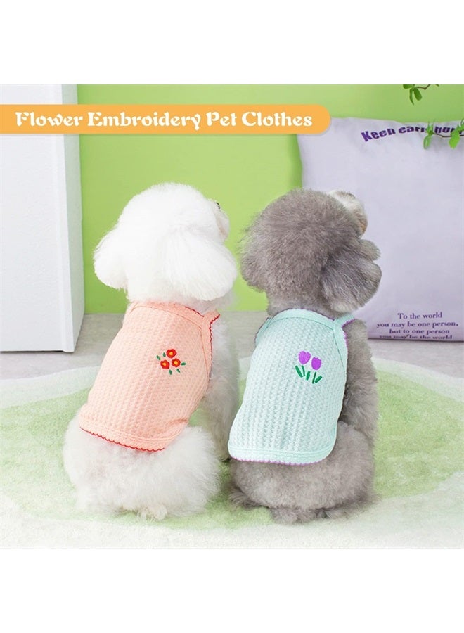 Kunyeah 2 Pieces Pet Clothes Summer Dog Dress Flower Embroidery Puppy Vest Cute Dog Cat Shirt Soft Breathable Pet Outfit for Small to Medium (X-Large) - Image 2