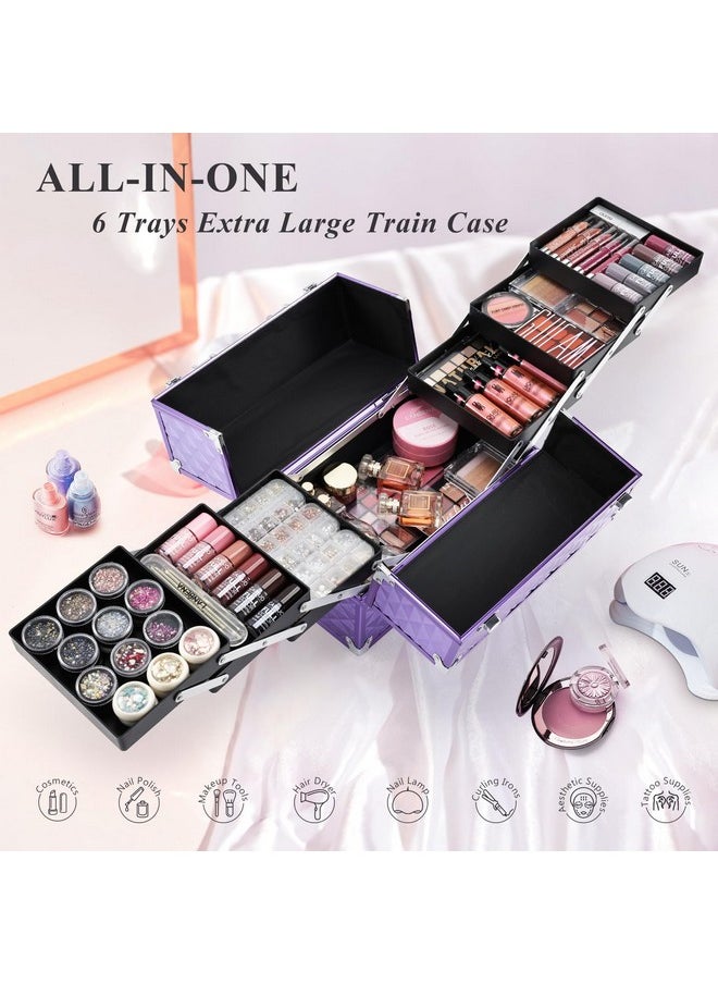 FRENESSA - Makeup Train Case 12 Inch Portable Cosmetic Case 6 Tier Professional Makeup Storage Box Organiser Box Make Up Carrier With Lockable Keys Travel Case For Women And Girls Purple - Image 1