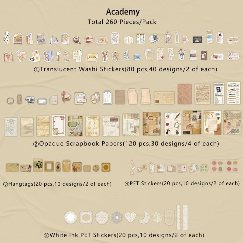 Teniinet 260 PCS Vintage Scrapbooking Supplies Aesthetic Journaling Kit,Large Collection for Bullet Junk Journals,Arts Craft Collage,Ephemera Adults,Beginners,Girls Teenage School Style(Academy) - Image 2