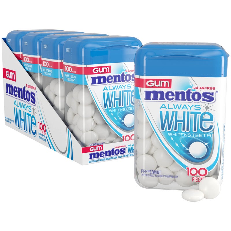 Mentos Always White Peppermint Sugar Free Gum with Xylitol Sweetener 100 Count Bottle 4 Bottles - Image 3