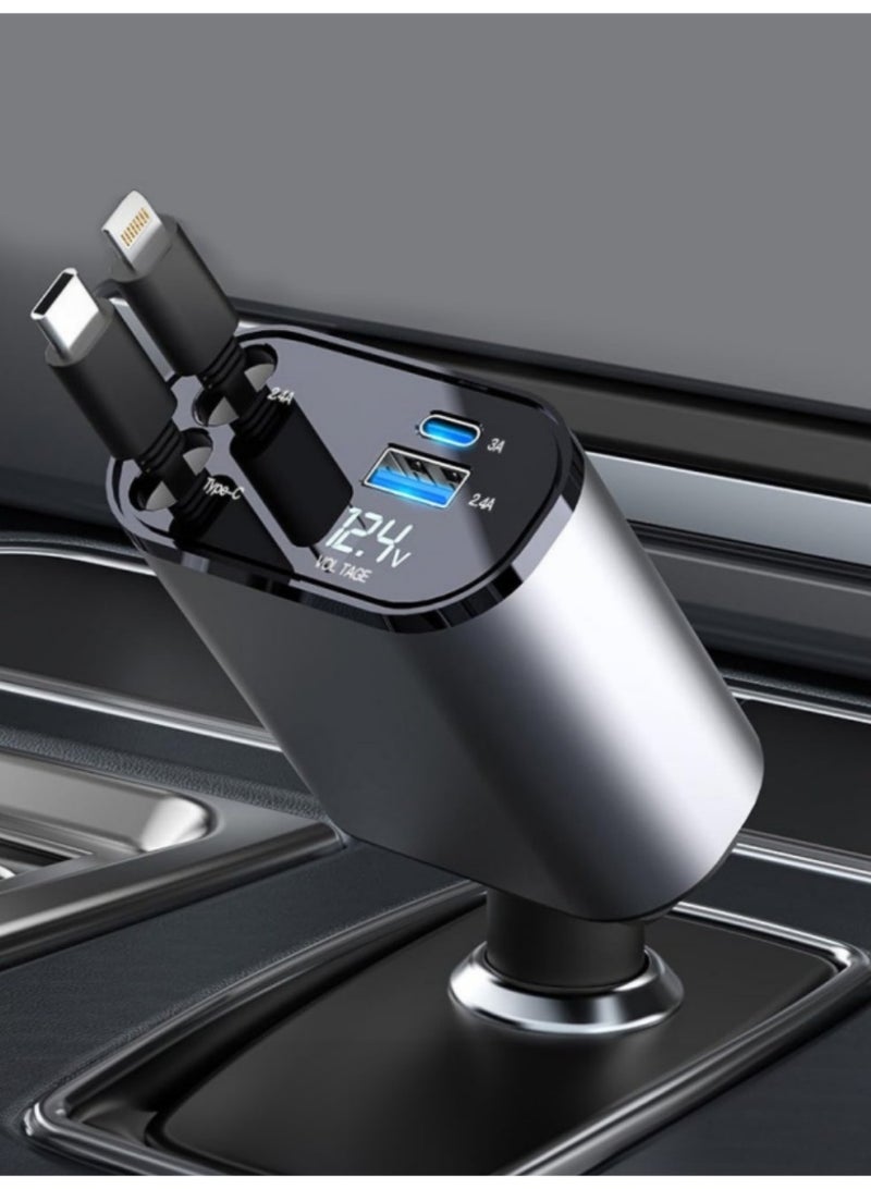Car Charger - Fast Charging 4-in-1 Adapter with Collapsible Lightning & Type C Cables, Dual USB Ports & Voltage Display - Compatible with iPhone, iPad, Galaxy -Powerfull Output  - Image 1