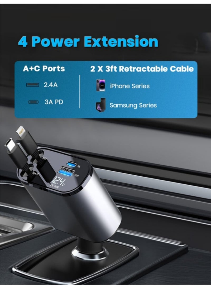 Car Charger - Fast Charging 4-in-1 Adapter with Collapsible Lightning & Type C Cables, Dual USB Ports & Voltage Display - Compatible with iPhone, iPad, Galaxy -Powerfull Output  - Image 2