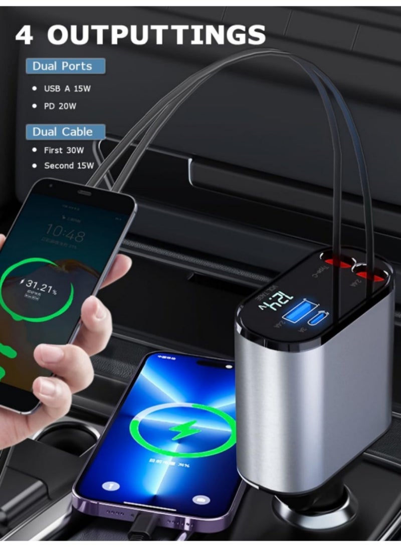 Car Charger - Fast Charging 4-in-1 Adapter with Collapsible Lightning & Type C Cables, Dual USB Ports & Voltage Display - Compatible with iPhone, iPad, Galaxy -Powerfull Output  - Image 4