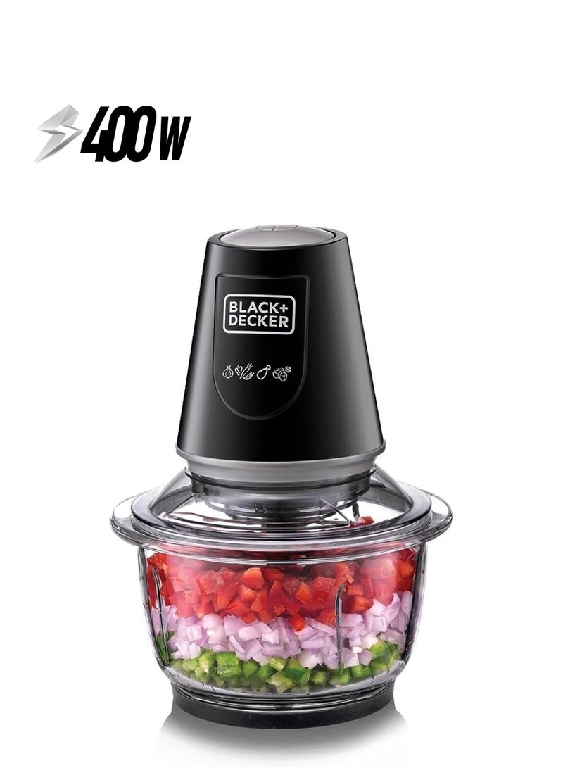 BLACK&DECKER مفرمة/مفرمة زجاجية عمودية بقدرة 400 واط وسعة 1.2 لتر، سعة الوعاء الزجاجي XXL مع نظام رباعي الشفرات قابل للإزالة، يساعد على تقطيع/سحق الثلج/الفرم/الطحن/الهريس مجموعة متنوعة من المكونات Gc400-B5 - Image 1