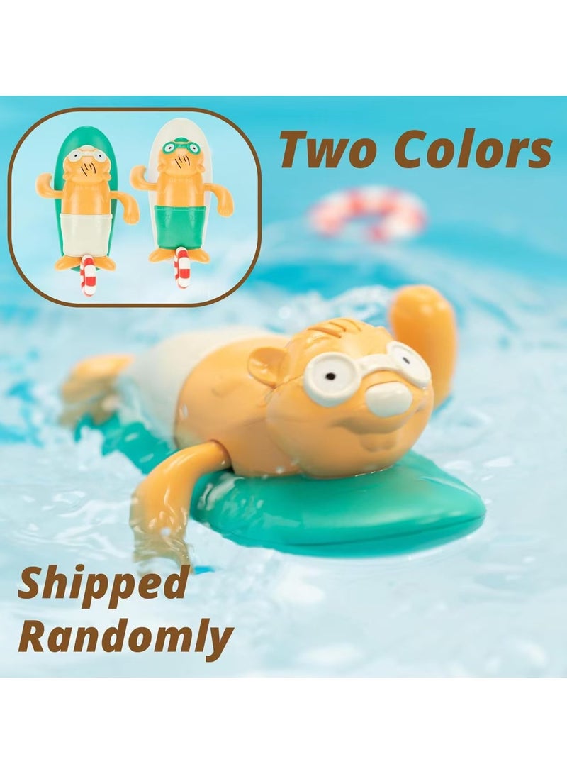 2 pcs Pull String Baby Bath Toy Pull & Go Beaver Cute Surfing Beaver Swimming Beaver Windup Clockwork Bathtub Toy for Toddlers (Blue)  - Image 1