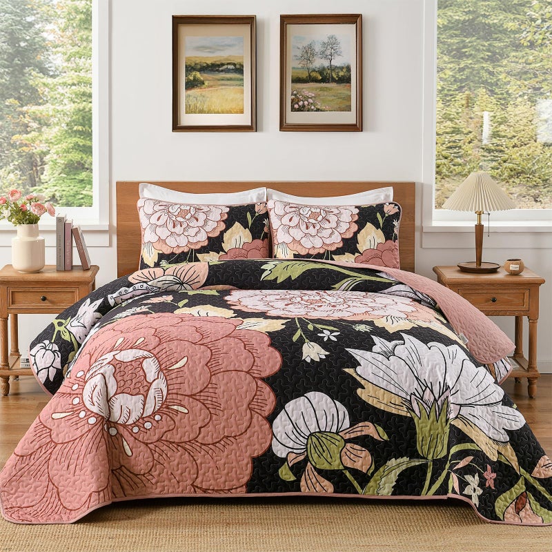 DJY Black Quilt Set King Size 3 Pieces Floral Boho Bedspread Coverlet Set Soft Microfiber Black Pink Farmhouse Floral Quilted Bedding Set Reversible Bed Cover for All Season 110x90 - Image 2