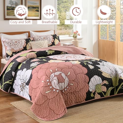 DJY Black Quilt Set King Size 3 Pieces Floral Boho Bedspread Coverlet Set Soft Microfiber Black Pink Farmhouse Floral Quilted Bedding Set Reversible Bed Cover for All Season 110x90 - Image 3