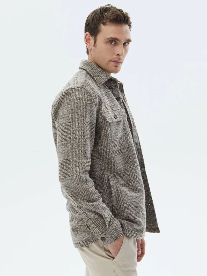 Kip Brown Plaid Regular Fit Wool Blend Overshirt