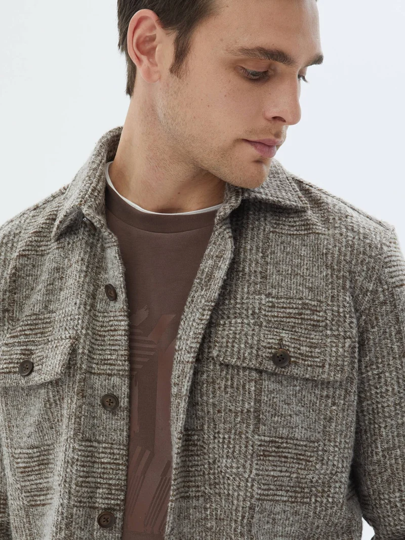 Kip Brown Plaid Regular Fit Wool Blend Overshirt