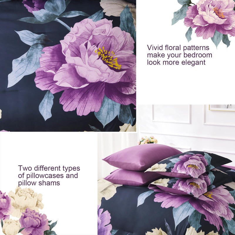 Dobuyly Dark Purple Comforter Set Queen 7 Piece Bed in a Bag, Elegant Floral Comforter Set with Sheets, Soft Microfiber Botanical Flower Bedding Set for All Season - Image 5