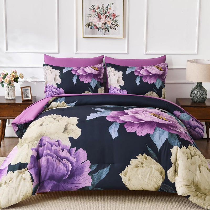 Dobuyly Dark Purple Comforter Set Queen 7 Piece Bed in a Bag, Elegant Floral Comforter Set with Sheets, Soft Microfiber Botanical Flower Bedding Set for All Season - Image 1