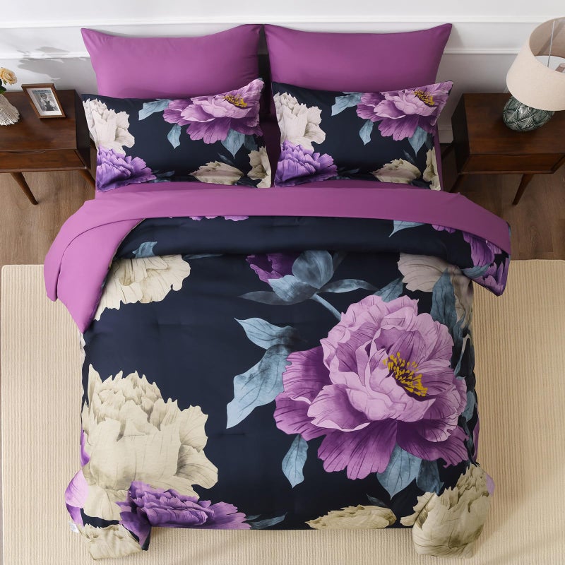 Dobuyly Dark Purple Comforter Set Queen 7 Piece Bed in a Bag, Elegant Floral Comforter Set with Sheets, Soft Microfiber Botanical Flower Bedding Set for All Season - Image 3