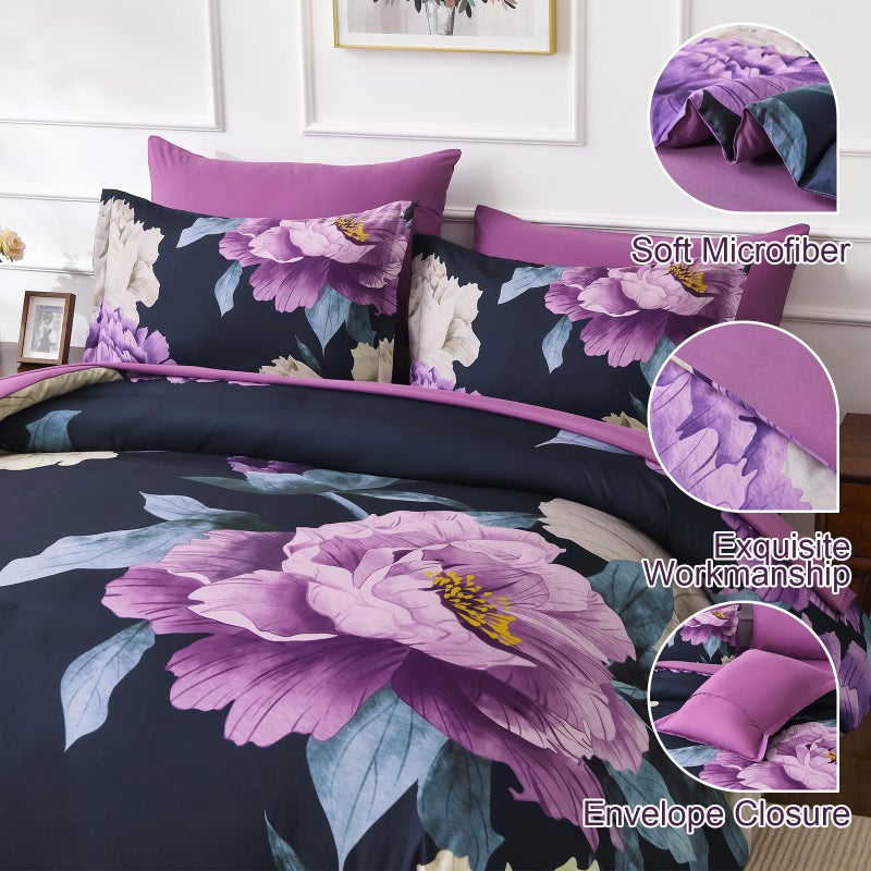 Dobuyly Dark Purple Comforter Set Queen 7 Piece Bed in a Bag, Elegant Floral Comforter Set with Sheets, Soft Microfiber Botanical Flower Bedding Set for All Season - Image 4