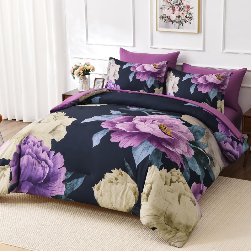 Dobuyly Dark Purple Comforter Set Queen 7 Piece Bed in a Bag, Elegant Floral Comforter Set with Sheets, Soft Microfiber Botanical Flower Bedding Set for All Season - Image 2