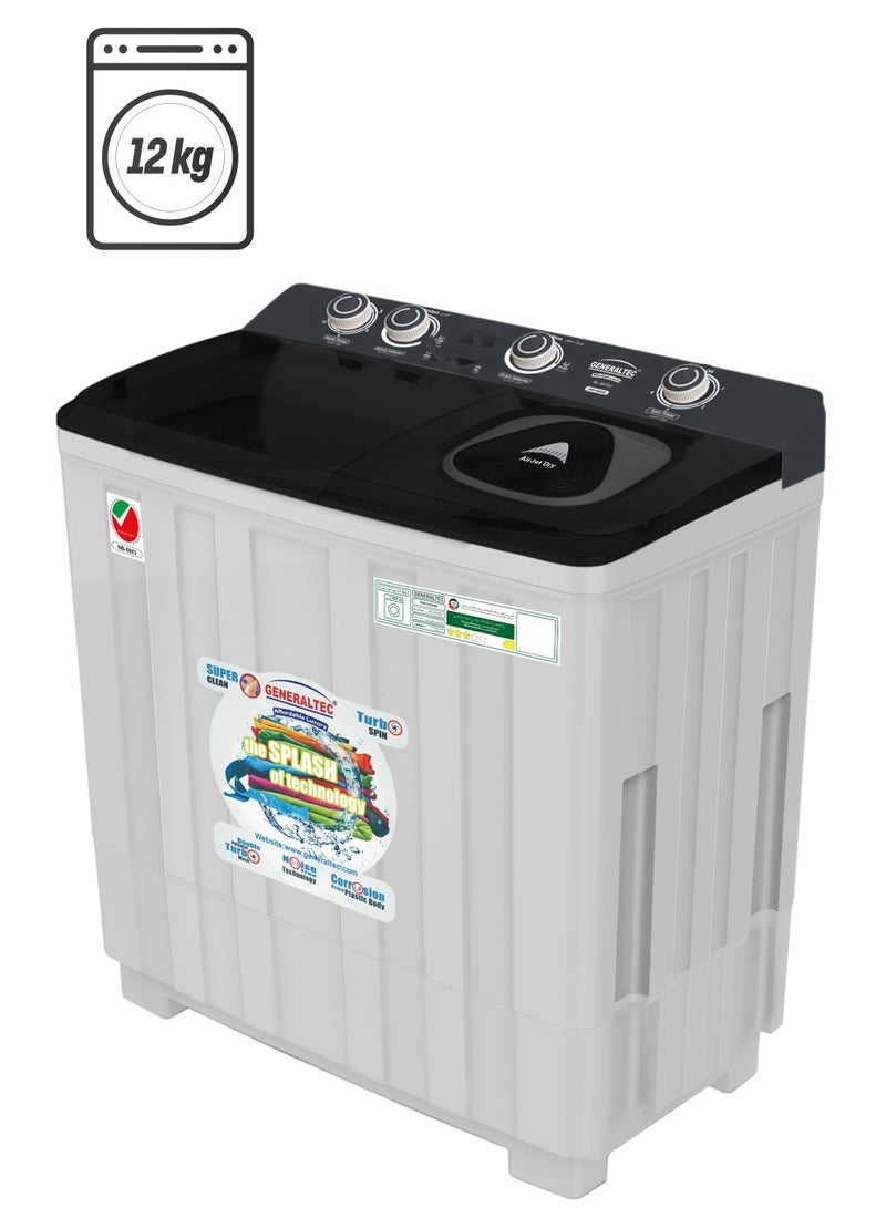 GENERALTEC Generaltec 12 kg Twin-tub Semi-Automatic Washing Machine, Grey/Black, efficient Top-Load Washer with Lint Filter, Spin-Dry, GW1550HD, 1 Year Warranty