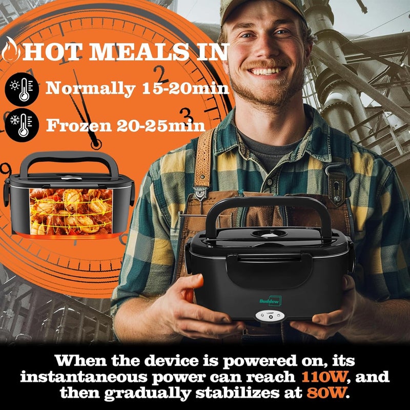 Buddew Electric Heated Lunch Box for Adults - 80W Fast Heating, 1.5L Food-Grade Stainless Steel, 12V/24V/110V Portable Food Warmer for Work Travel Car, Lonchera Electrica Portatil - Image 2
