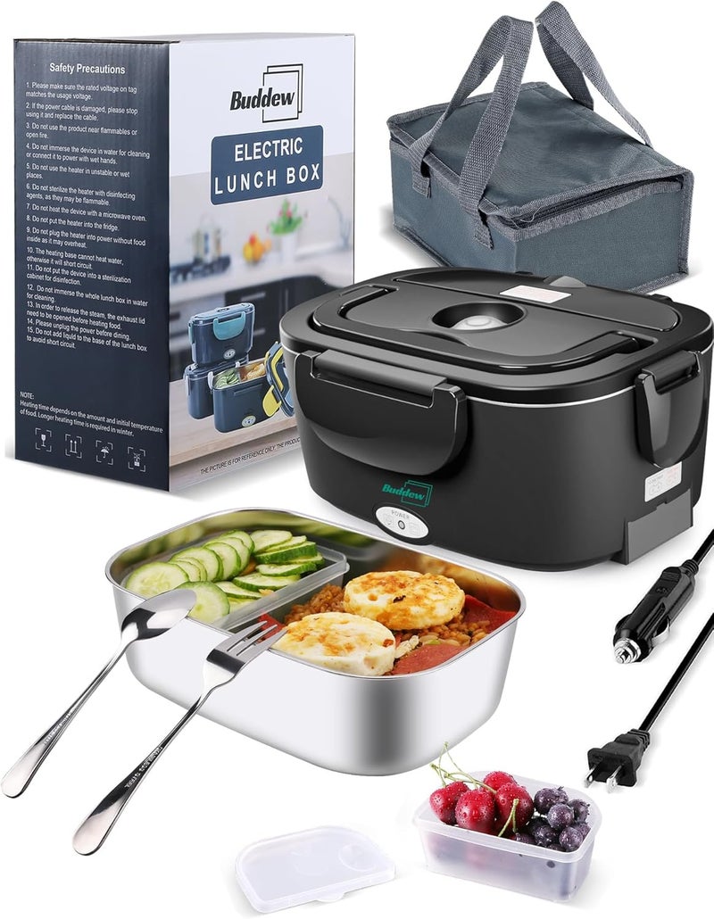 Buddew Electric Heated Lunch Box for Adults - 80W Fast Heating, 1.5L Food-Grade Stainless Steel, 12V/24V/110V Portable Food Warmer for Work Travel Car, Lonchera Electrica Portatil - Image 1