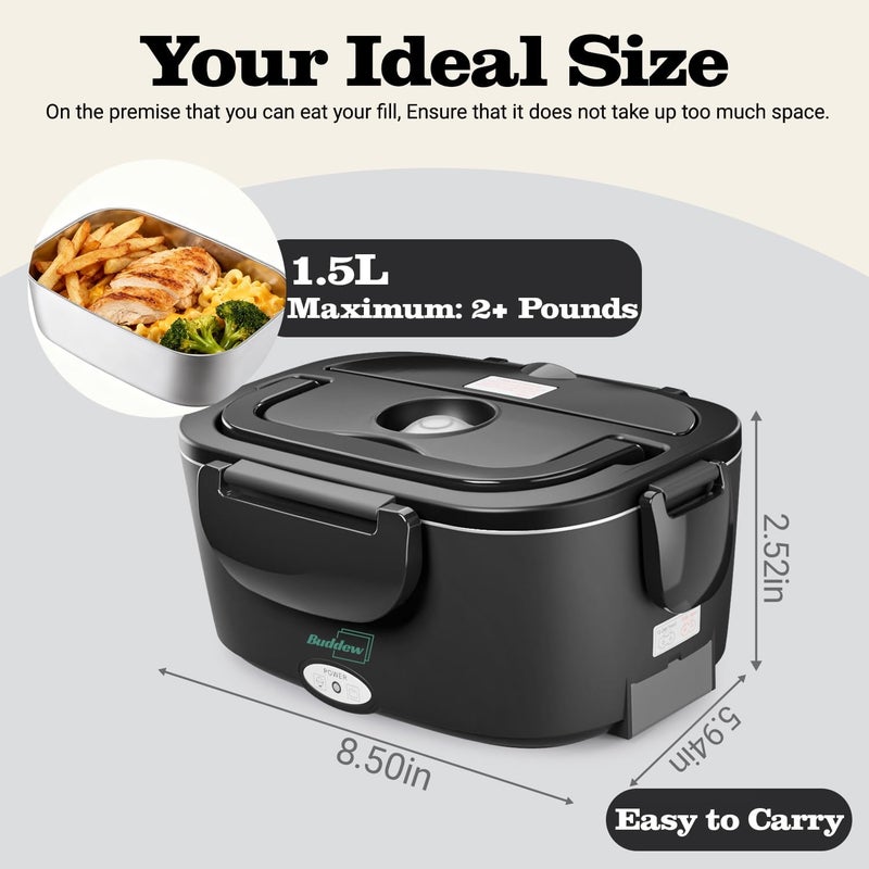 Buddew Electric Heated Lunch Box for Adults - 80W Fast Heating, 1.5L Food-Grade Stainless Steel, 12V/24V/110V Portable Food Warmer for Work Travel Car, Lonchera Electrica Portatil - Image 3
