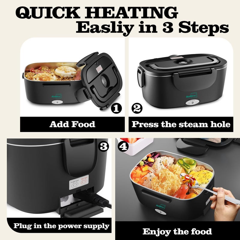 Buddew Electric Heated Lunch Box for Adults - 80W Fast Heating, 1.5L Food-Grade Stainless Steel, 12V/24V/110V Portable Food Warmer for Work Travel Car, Lonchera Electrica Portatil - Image 4