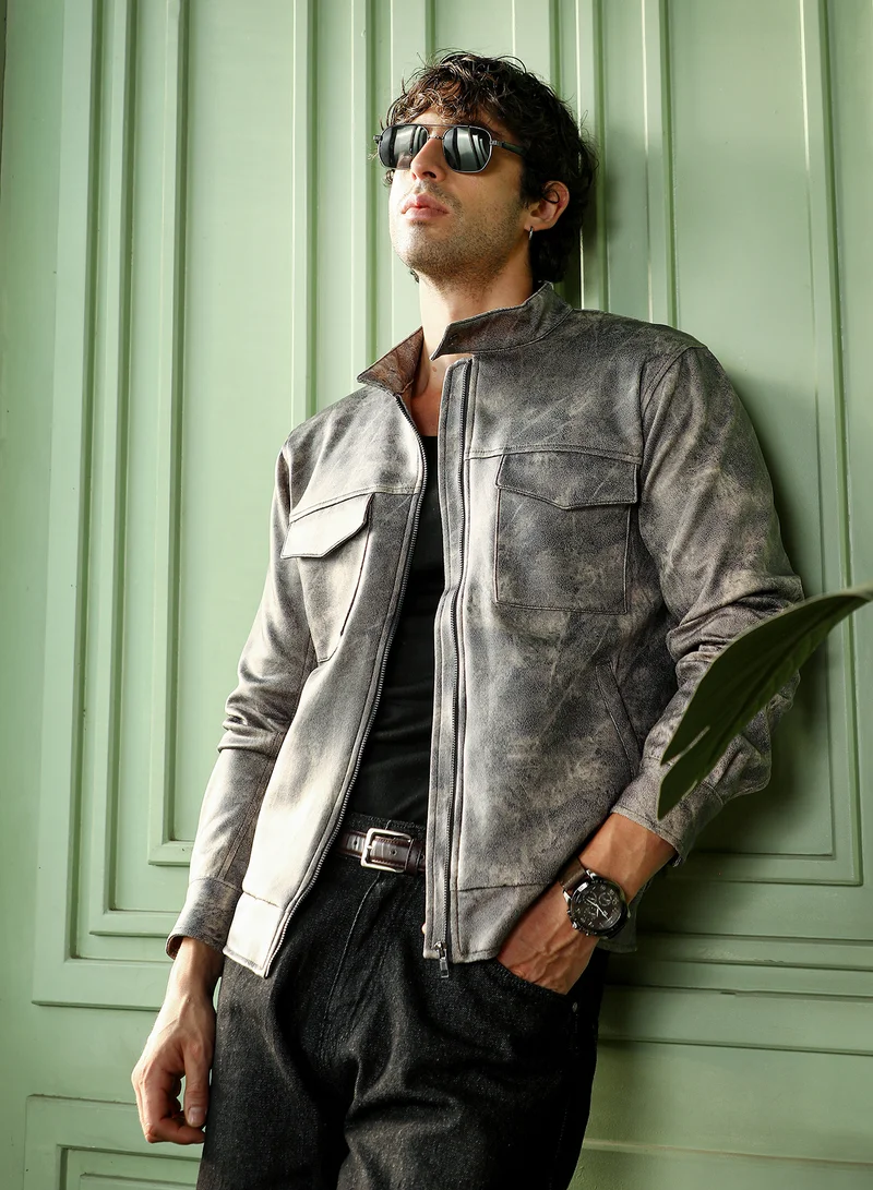 كامبوس سوترا Men Dye Utility-Twill Rider Jacket | Band Collar, Long Button-Cuff Sleeves | Zipper , Band-Straight Hem | Abstract Print Twill | Woven Fabric For Casual & Daily Wear | Charcoal Grey