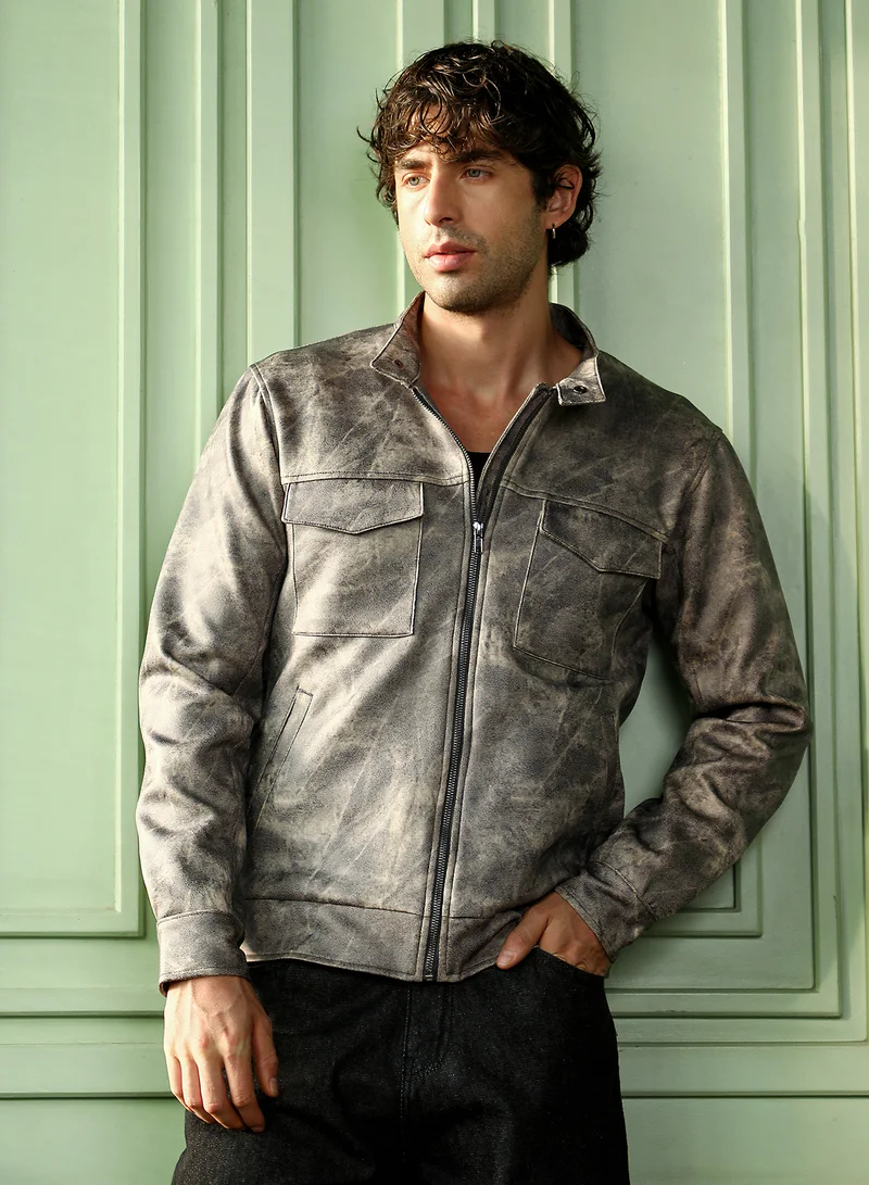 كامبوس سوترا Men Dye Utility-Twill Rider Jacket | Band Collar, Long Button-Cuff Sleeves | Zipper , Band-Straight Hem | Abstract Print Twill | Woven Fabric For Casual & Daily Wear | Charcoal Grey