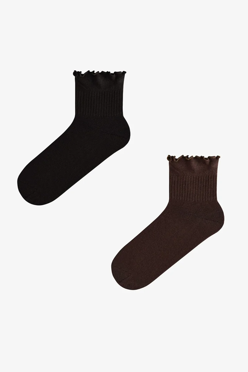 بنتي PENTI Coffee Ruffled Pair Crew Socks