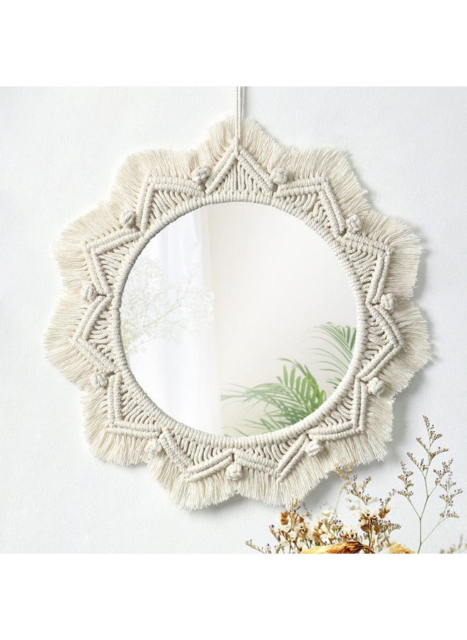 Dremisland Dremisland Macrame Wall Mirror-15 Inch Round Mirror with Macrame Fringe, Boho Decorative Hanging Mirror Wall Decor Art Ornament for Apartment Home Bedroom Living Room Baby Nursery (Beige)  - Image 1
