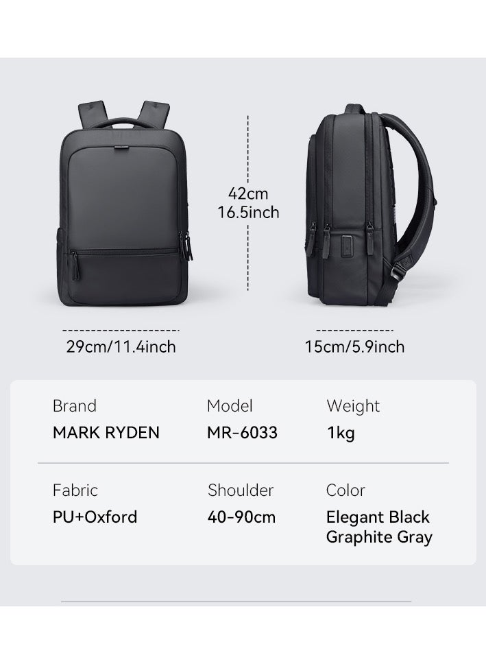 Mark Ryden MR6033 Black Laptop Backpack 15.6 Inch Water Resistant Travel Bag with USB Charging Port Oxford PU Fabric Anti Theft Pocket and Multi Layer Storage for Business and Daily Commute - Image 3