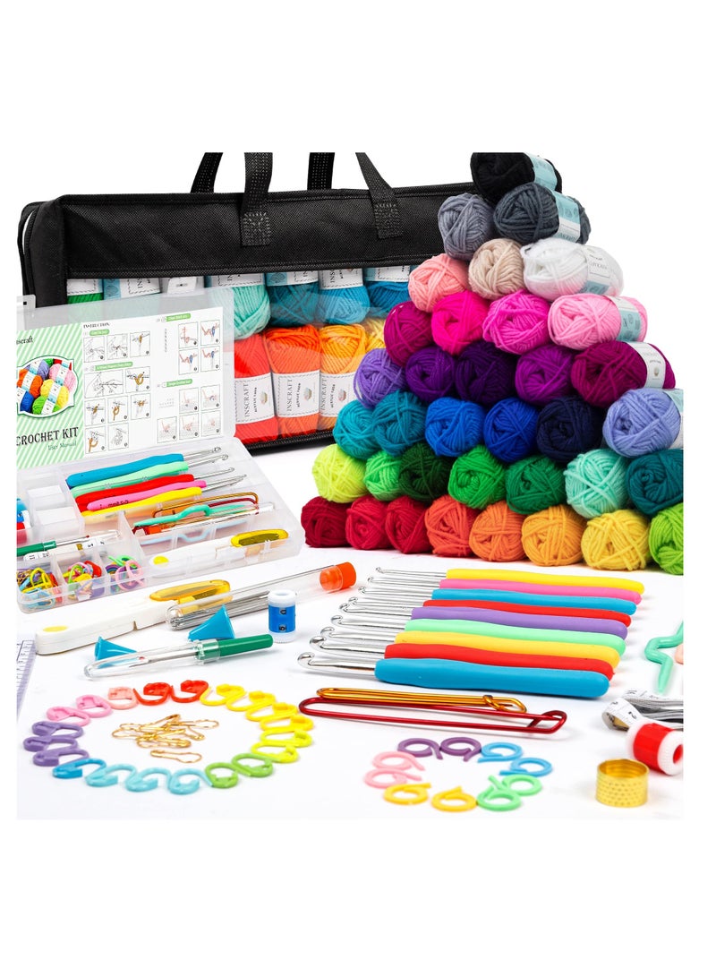 SYOSI طقم كروشيه مكون من 113 قطعة مع خطاطيف كروشيه مجموعة خيوط 1600 ياردة خيوط متنوعة مجموعة ملحقات الكروشيه، خطاطيف مريحة إبر حياكة والمزيد طقم مثالي للمبتدئين - Image 1
