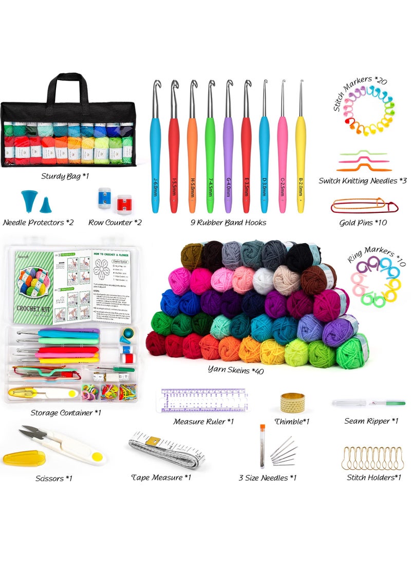 SYOSI طقم كروشيه مكون من 113 قطعة مع خطاطيف كروشيه مجموعة خيوط 1600 ياردة خيوط متنوعة مجموعة ملحقات الكروشيه، خطاطيف مريحة إبر حياكة والمزيد طقم مثالي للمبتدئين - Image 2