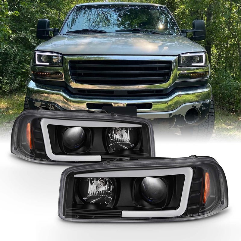 AKKON Black LED Tube Projector Headlights for 99-06 GMC Sierra 1500 2500HD 3500 C3 Yukon XL - Driver & Passenger Side Pair
