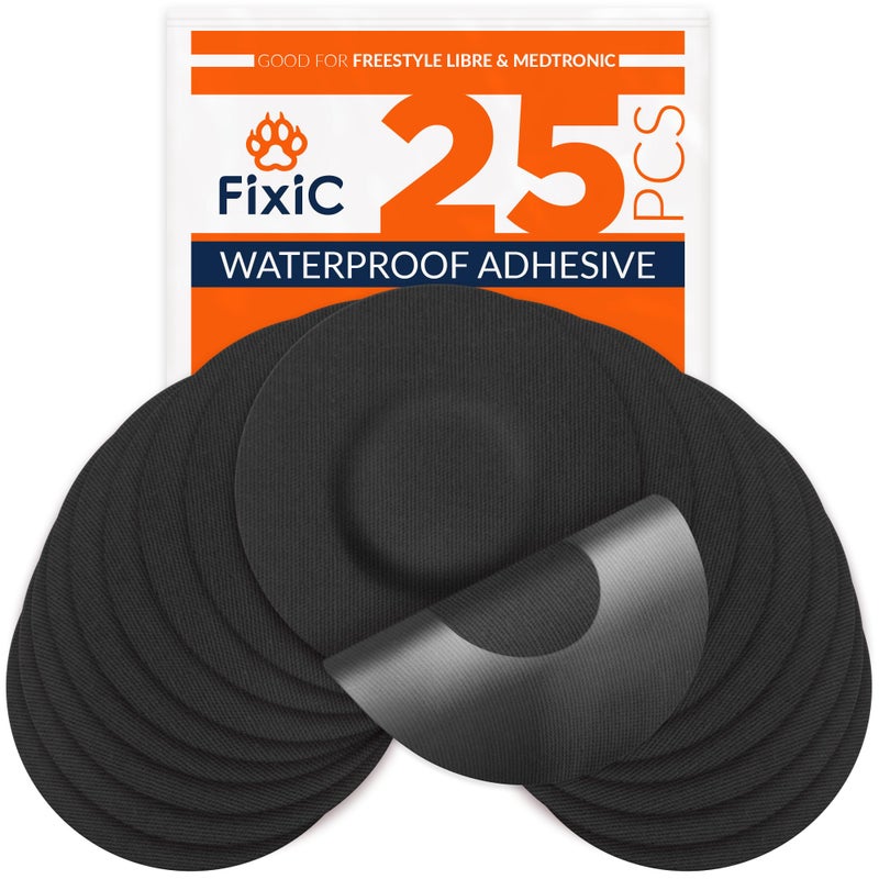 Fixic Freestyle Adhesive Patch 25 PCS Good for Libre 1 2 3 Plus Enlite Guardian NO Glue in The Center of The Patch PreCut Back Paper Long Fixation for Your Sensor Black