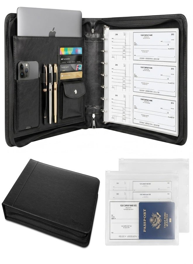 Toplive Zippered 7 Ring Business Checkbook Binder Extra-Large, 2Pack 7-Hole Pouch, 600 Checks Capacity, PU Leather Check Book Binder Cover with Multi-Pocket Design for Office & Business Use, Black - Image 1
