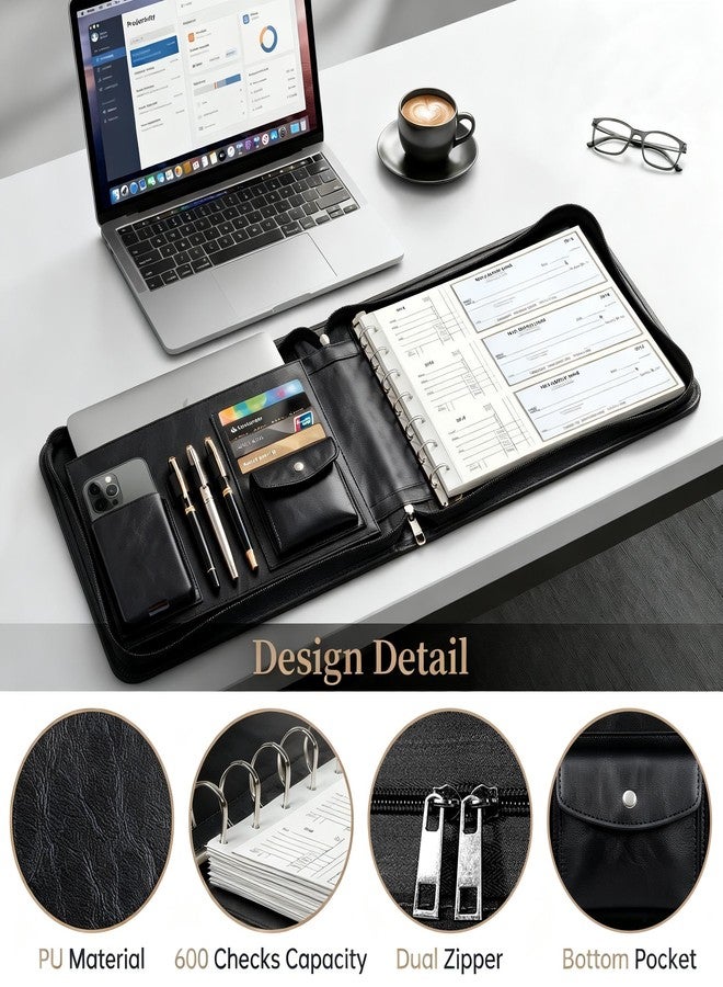 Toplive Zippered 7 Ring Business Checkbook Binder Extra-Large, 2Pack 7-Hole Pouch, 600 Checks Capacity, PU Leather Check Book Binder Cover with Multi-Pocket Design for Office & Business Use, Black - Image 4