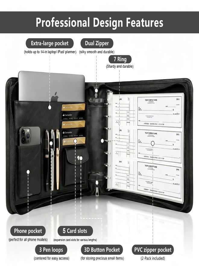 Toplive Zippered 7 Ring Business Checkbook Binder Extra-Large, 2Pack 7-Hole Pouch, 600 Checks Capacity, PU Leather Check Book Binder Cover with Multi-Pocket Design for Office & Business Use, Black - Image 3