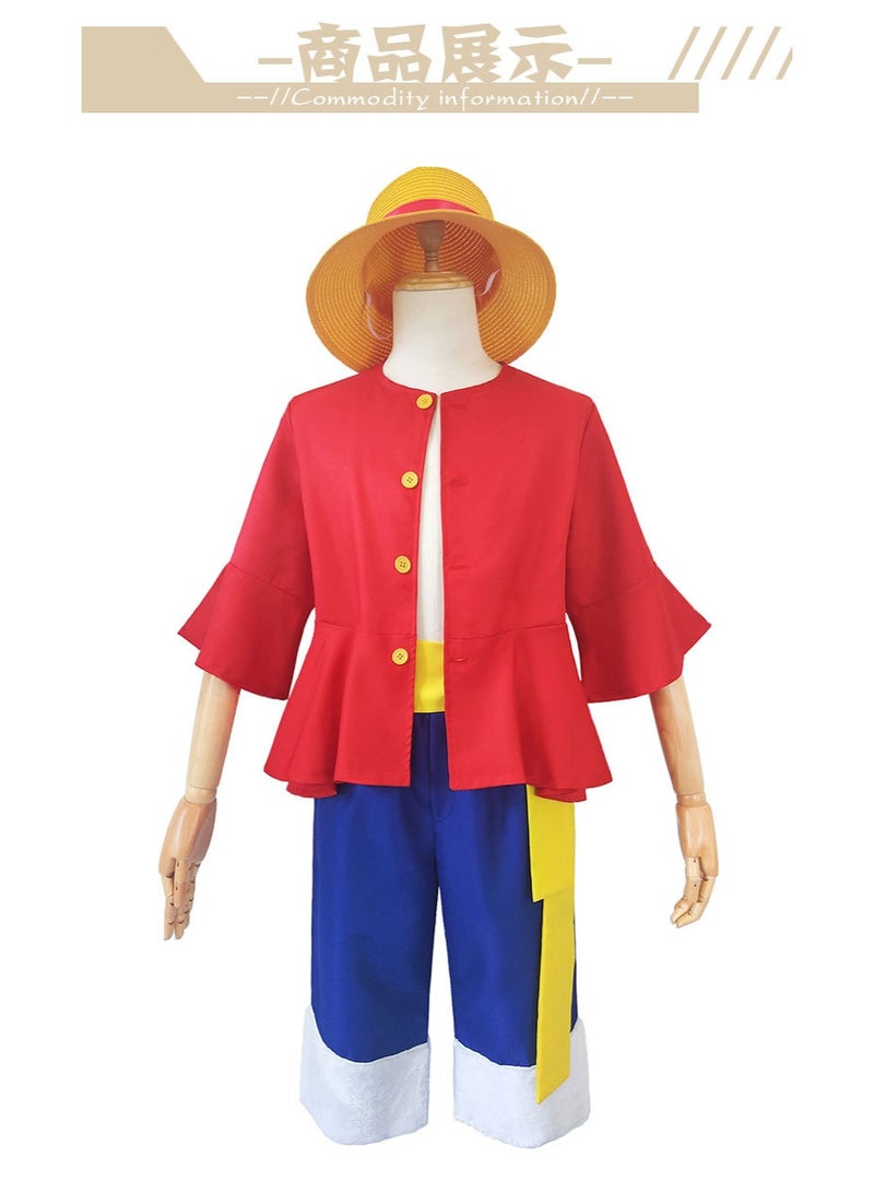 NIBEMINENT Boy and girl Monkey Luffy role-playing costumes, red shirts and trousers, hats, Halloween party performance costumes - Image 1