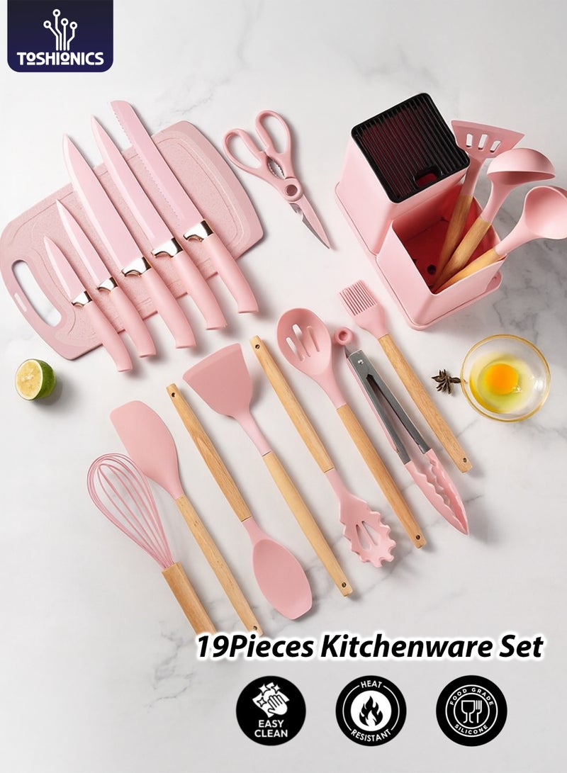 توشيونيكس طقم أدوات مطبخ سيليكون ١٩ قطعة بمقابض خشبية T١١٤٦٥٩ | أدوات طبخ مقاومة للحرارة وغير لاصقة + طقم سكاكين ٦ في ١ + حامل + لوح تقطيع | أدوات طبخ سيليكون فاخرة آمنة غذائيًا - Image 1