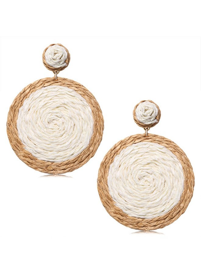 CEALXHENY Rattan Earrings Boho Summer Beach Raffia Earrings For Women Handmade Rattan Ball Disc Dangle Drop Earrings Vacation Accessory Gifts (White) - Image 1