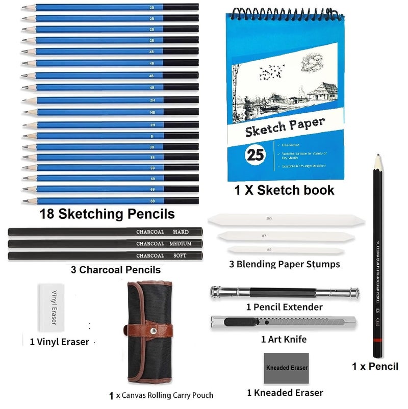 Corslet 31 PC Drawing Pencils for Artists Kit 1 Hb Pencil Kit with A5 Sketch Book Sketching Kit Charcoal Pencil Art Supplies for Artist Blending Stump Sketch Pencils Set for Artists Drawing Kit Set - Image 2